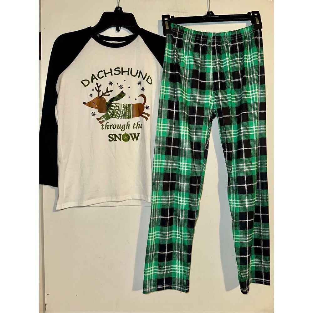 Youth White Green dachshund 2 Piece Christmas Pajama Set Size Medium 9 10 years